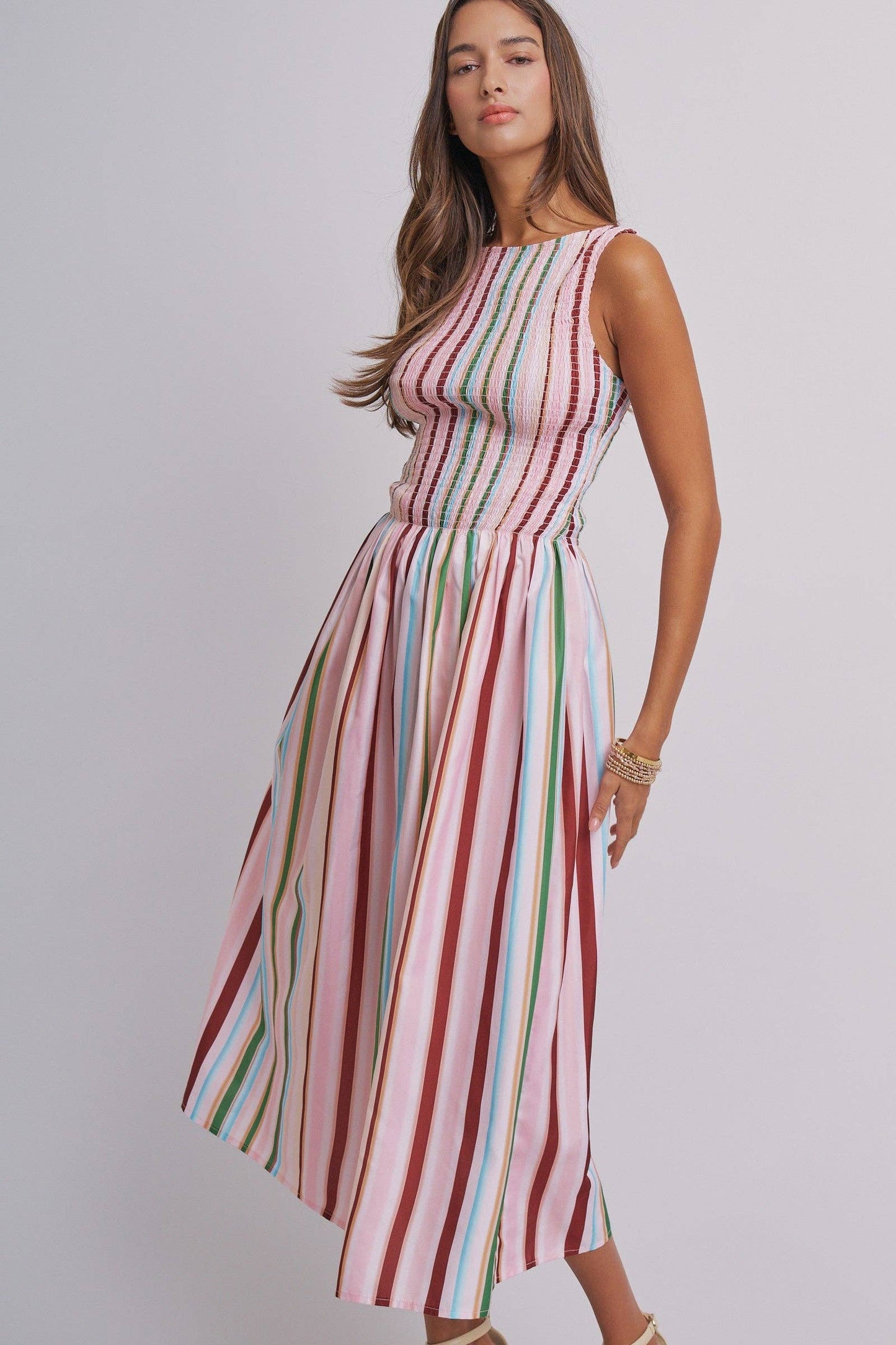 Candy Stripe Smocked Midi Dress