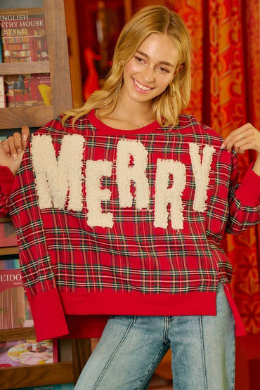 Merry Letter Patches Christmas Plaid Sweatshirt
