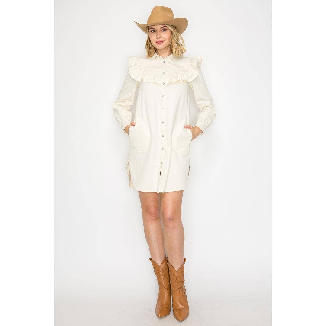 Ruffle Yoke Button-Up Dress