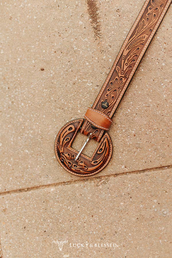 Black Floral Buckle Camel Leather Belt