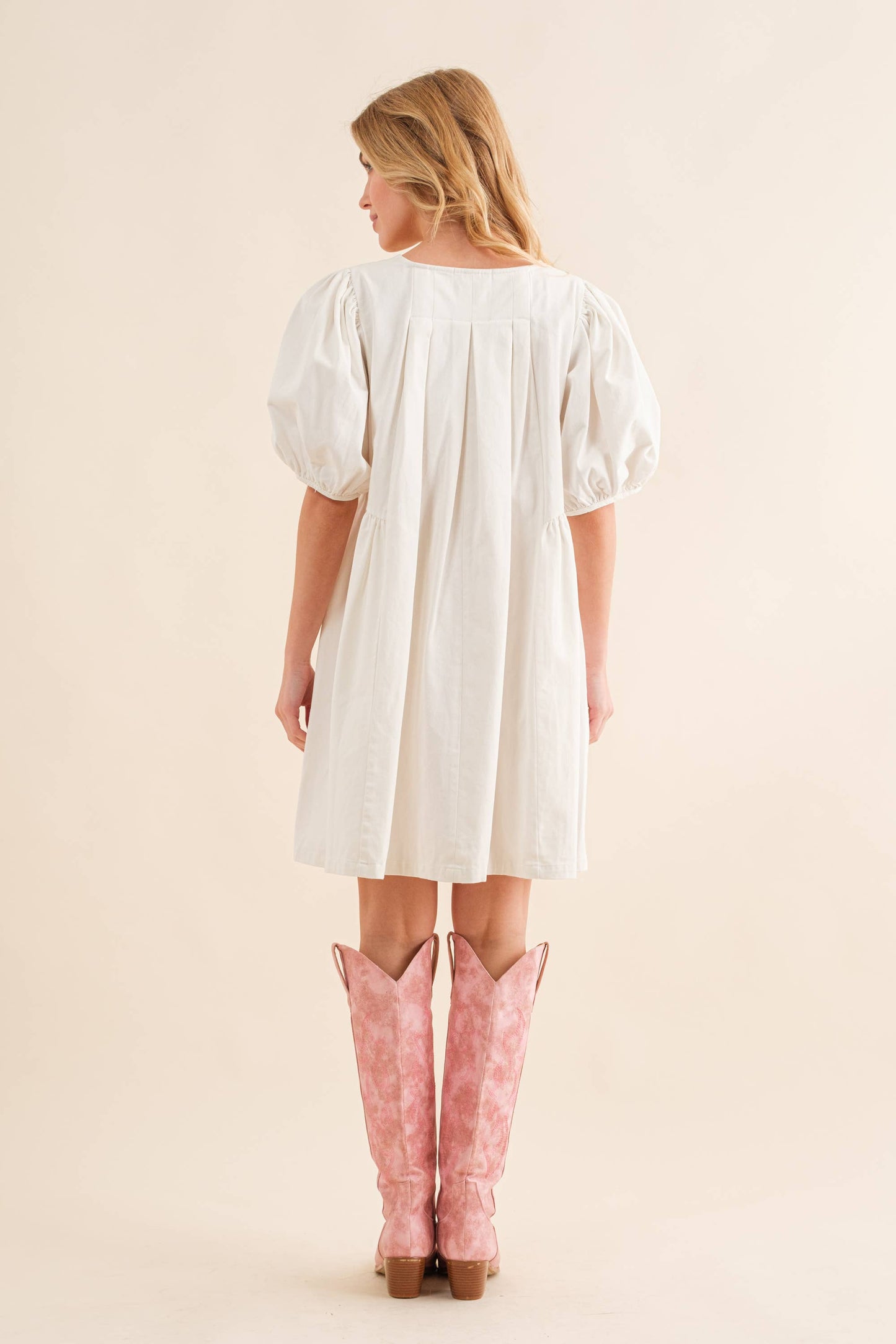 Puff Pleated Bow Tie Babydoll Dress