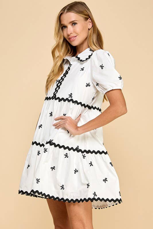 Embroidered Bow Printed Shirt Dress