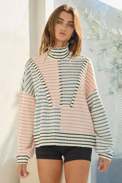 Oversized Funnel-Neck Half Zip Striped Top