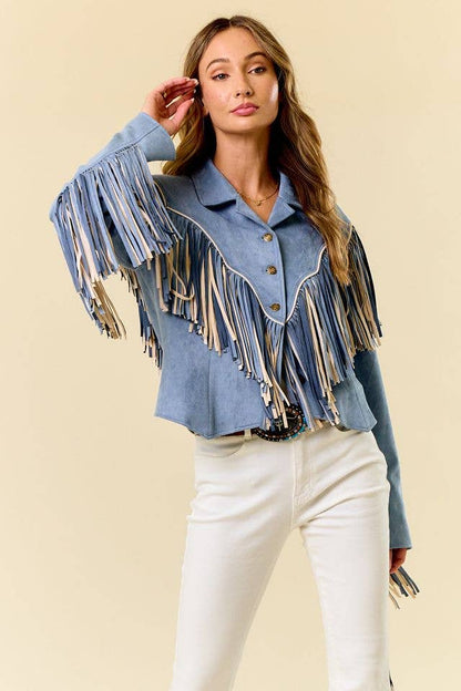 Denim Blue Two Tone Fringe Jacket