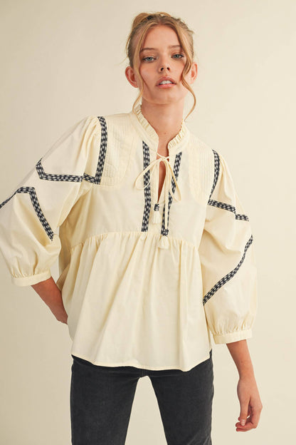 Embroidery Trim Babydoll Blouse