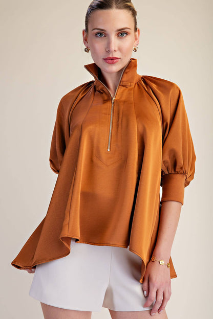Mock Neck Half Zip Puff Sleeve Blouse