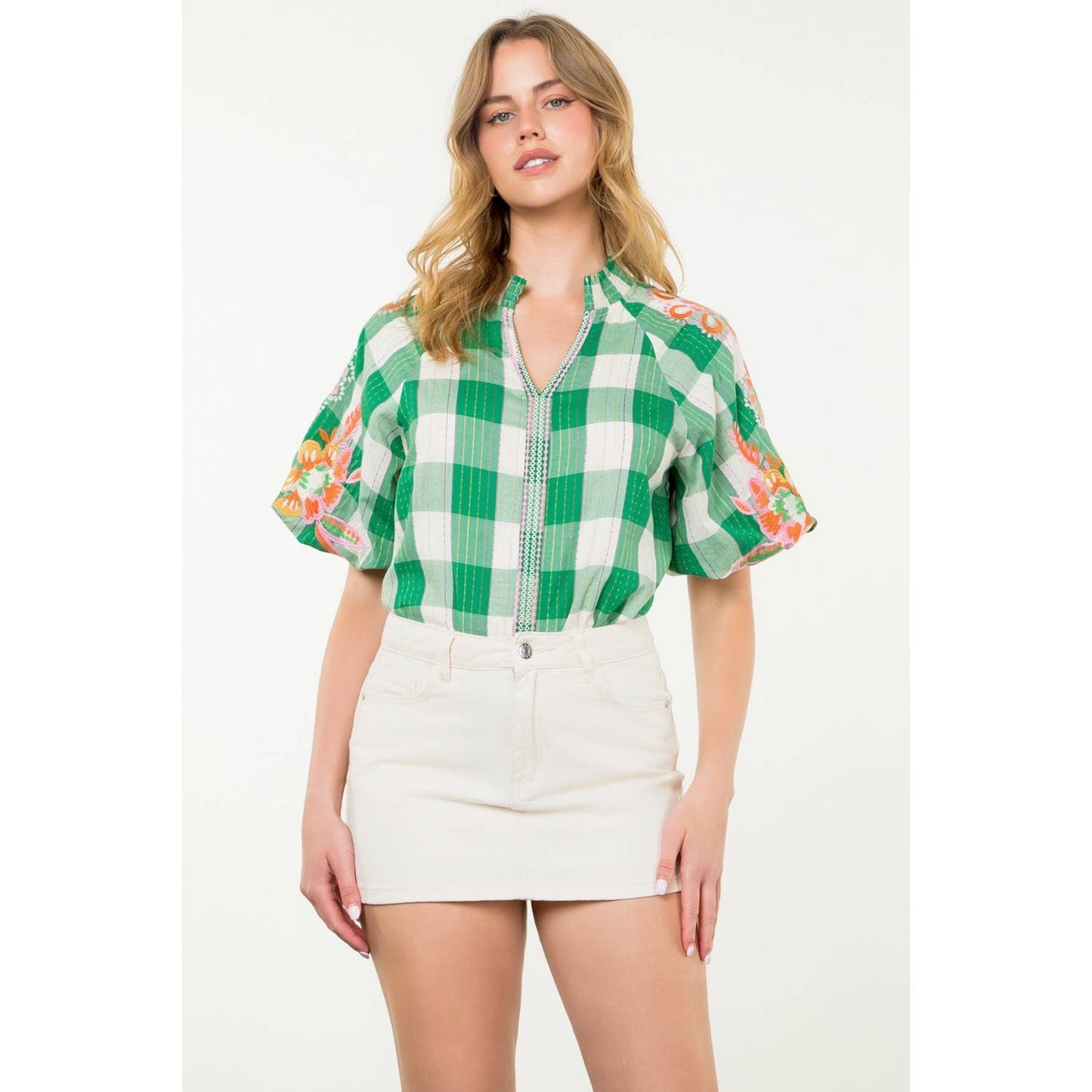 Embroidered Puff Sleeve Plaid Top