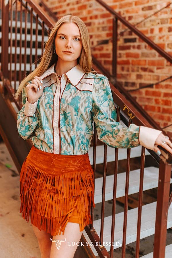 Cream Teal Aztec Sleeve Button Down Shirt