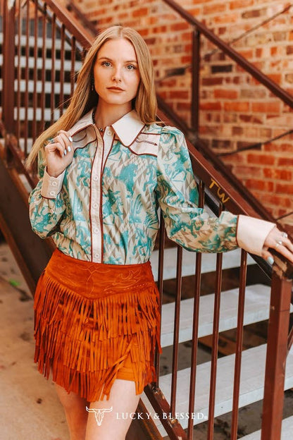 Cream Teal Aztec Sleeve Button Down Shirt