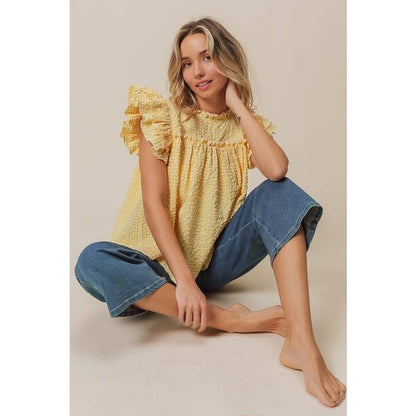 CRINKLE GINGHAM LAYERED RUFFLE SLEEVE TOP
