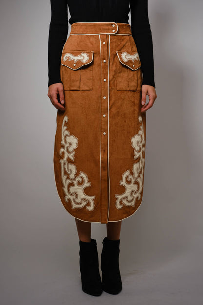 Suede Embroidered Patch Midi Skirt