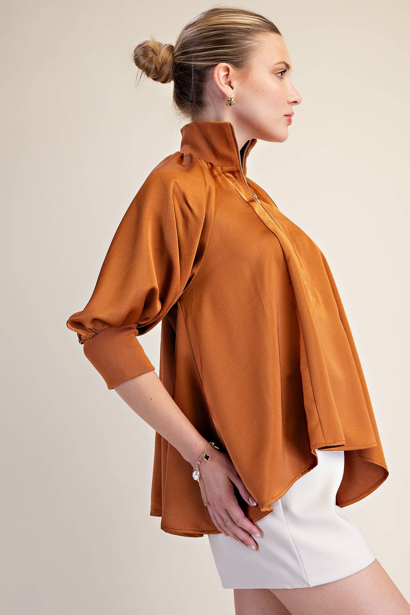 Mock Neck Half Zip Puff Sleeve Blouse