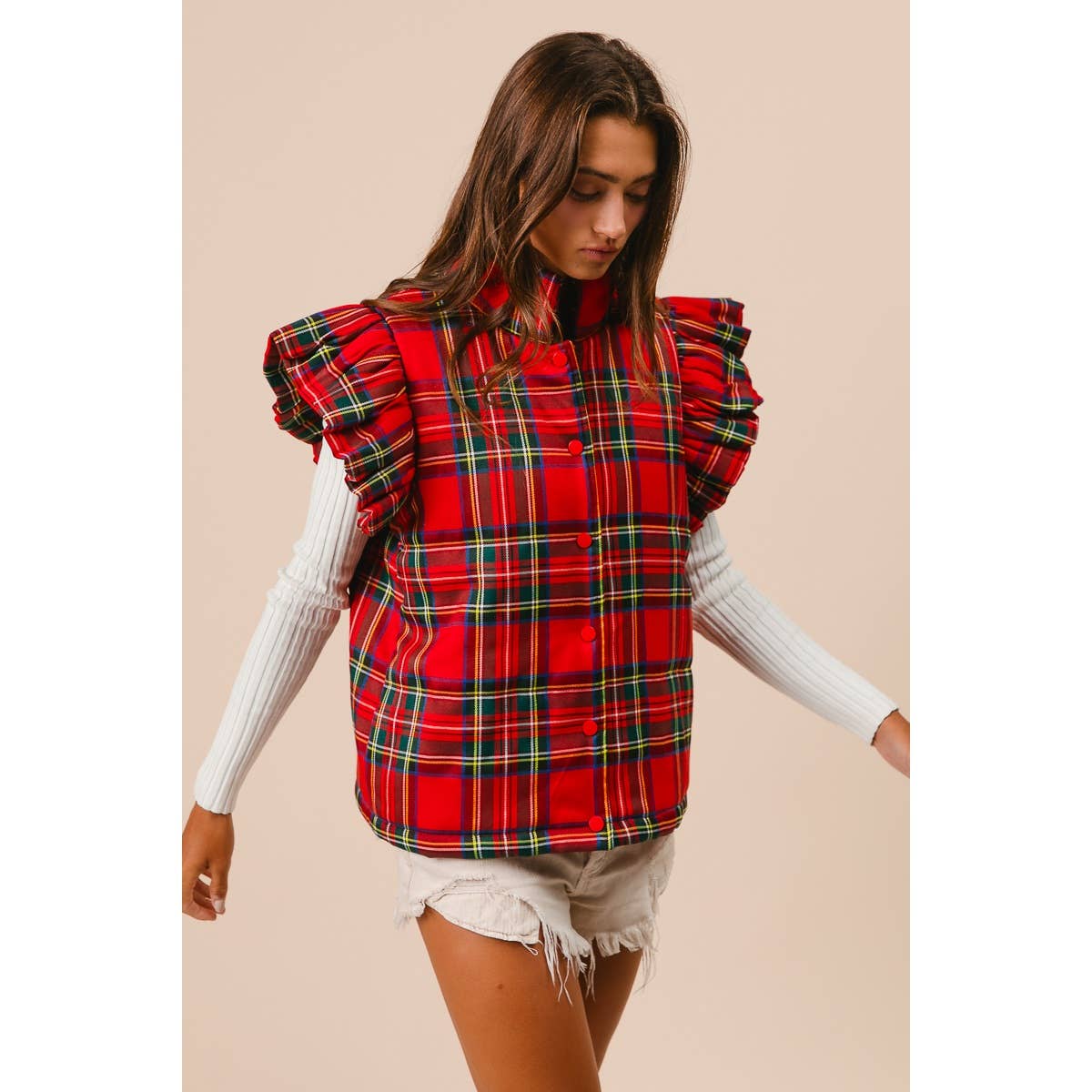CHRISTMAS PLAID RUFFLE VEST