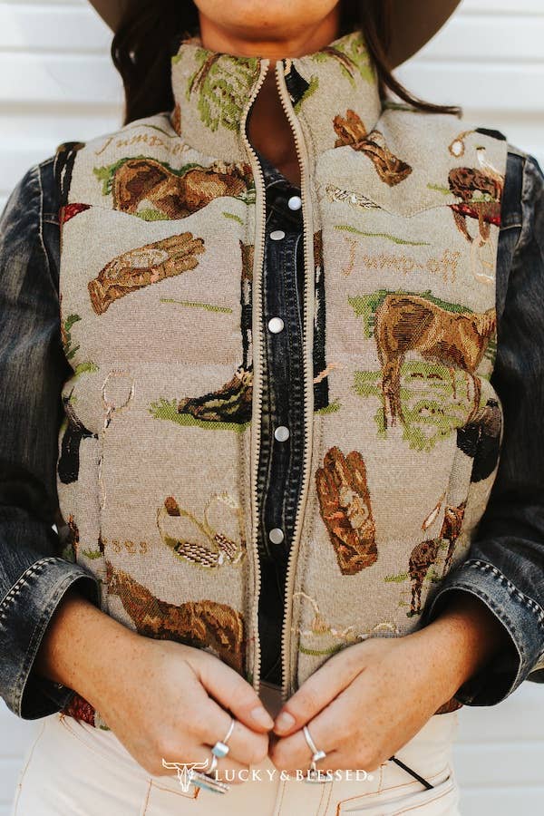 Jacquard Woven Horse Zip-Up Puffer Jacket