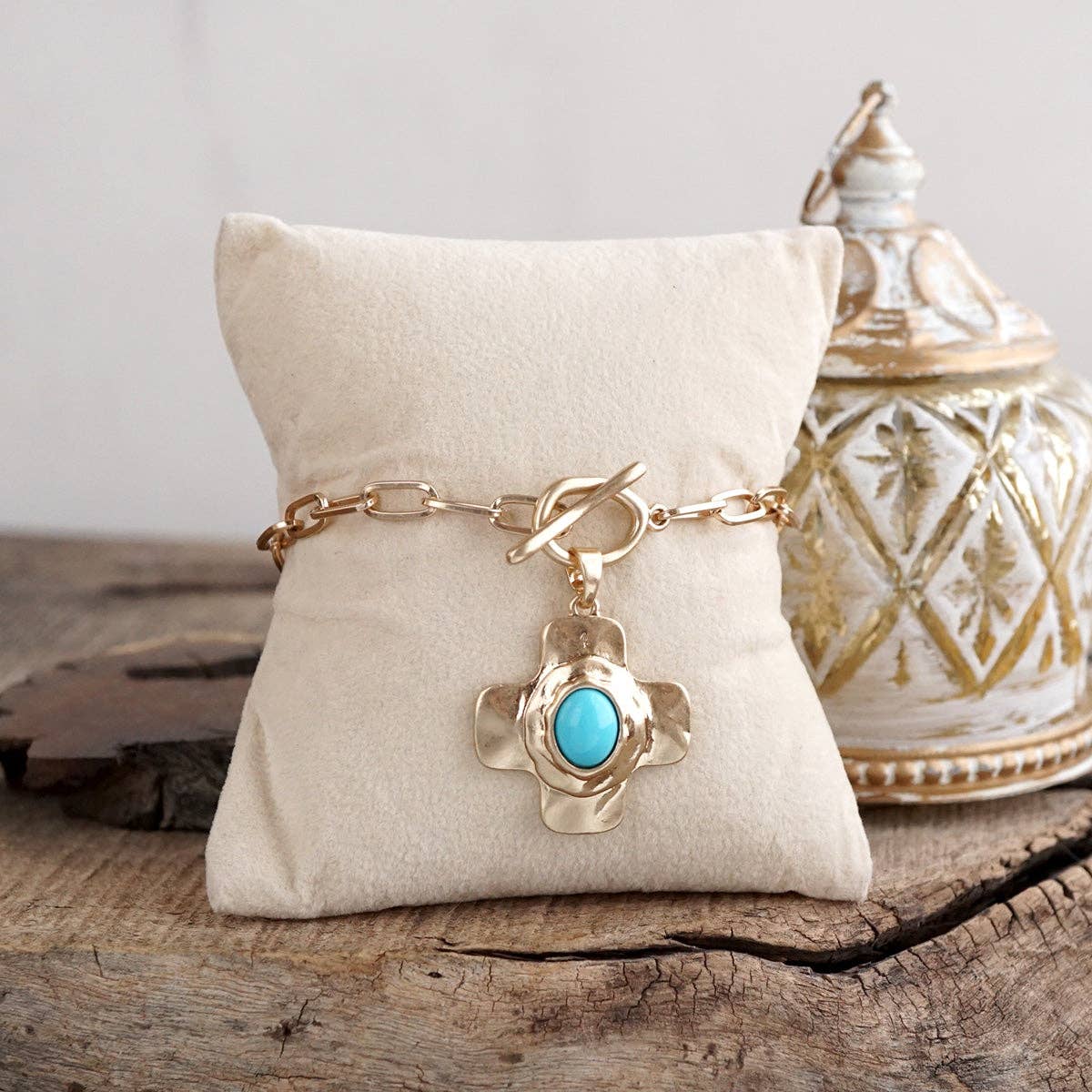 PennyLine Inc. Turquoise Pearl Cross Toggle Bracelet – Sunlit Cross