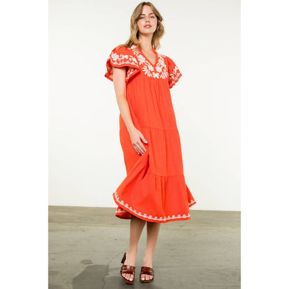 Flutter Sleeve Embroidered Dress