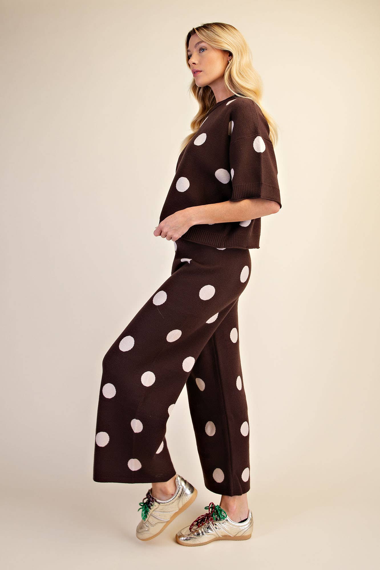 Polka Dot Round Neck Short Sleeve Sweater
