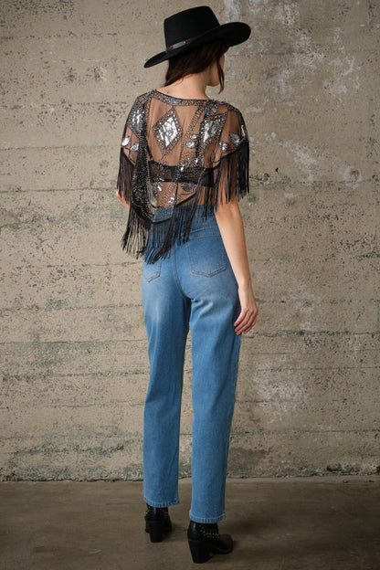 Blue B Sequin Beaded Fringe Mesh Cape