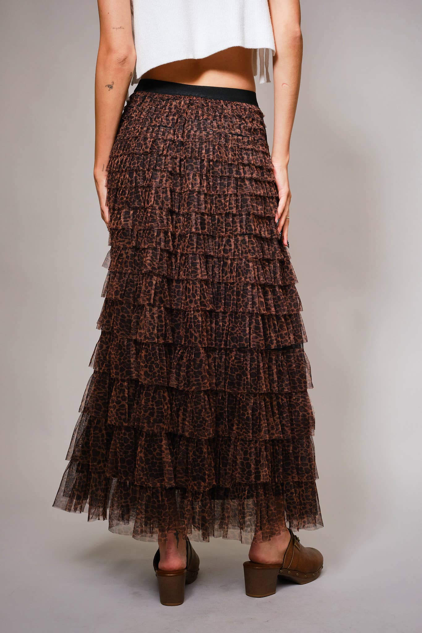 High Waist Elastic Tiered Ruffle A-Line Maxi Skirt