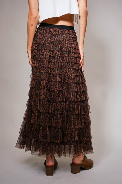 High Waist Elastic Tiered Ruffle A-Line Maxi Skirt