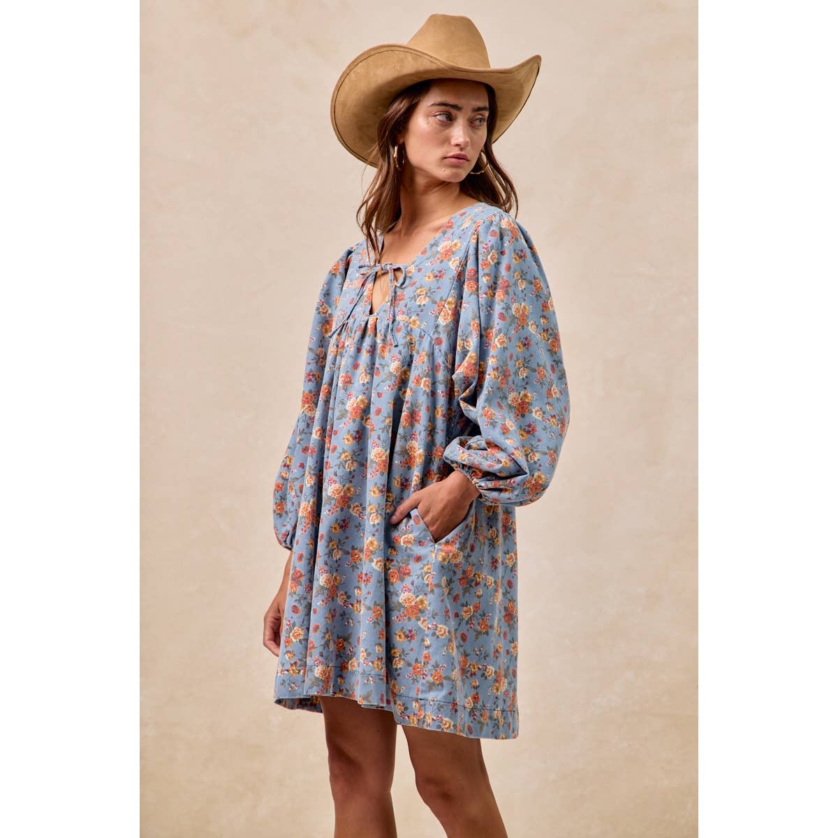 Washed Floral Denim Front Tied Dress