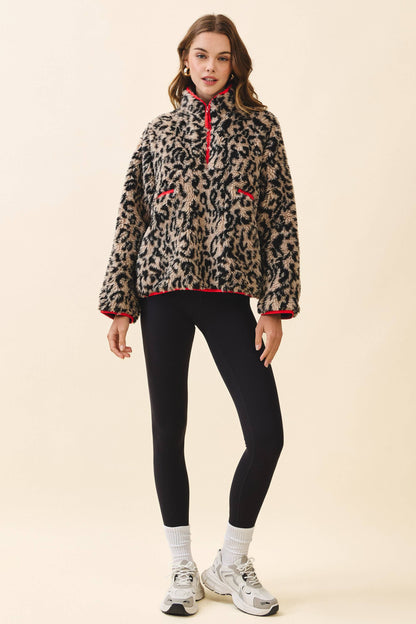 Faux Fur Leopard Half Zip Front Pullover Jacket