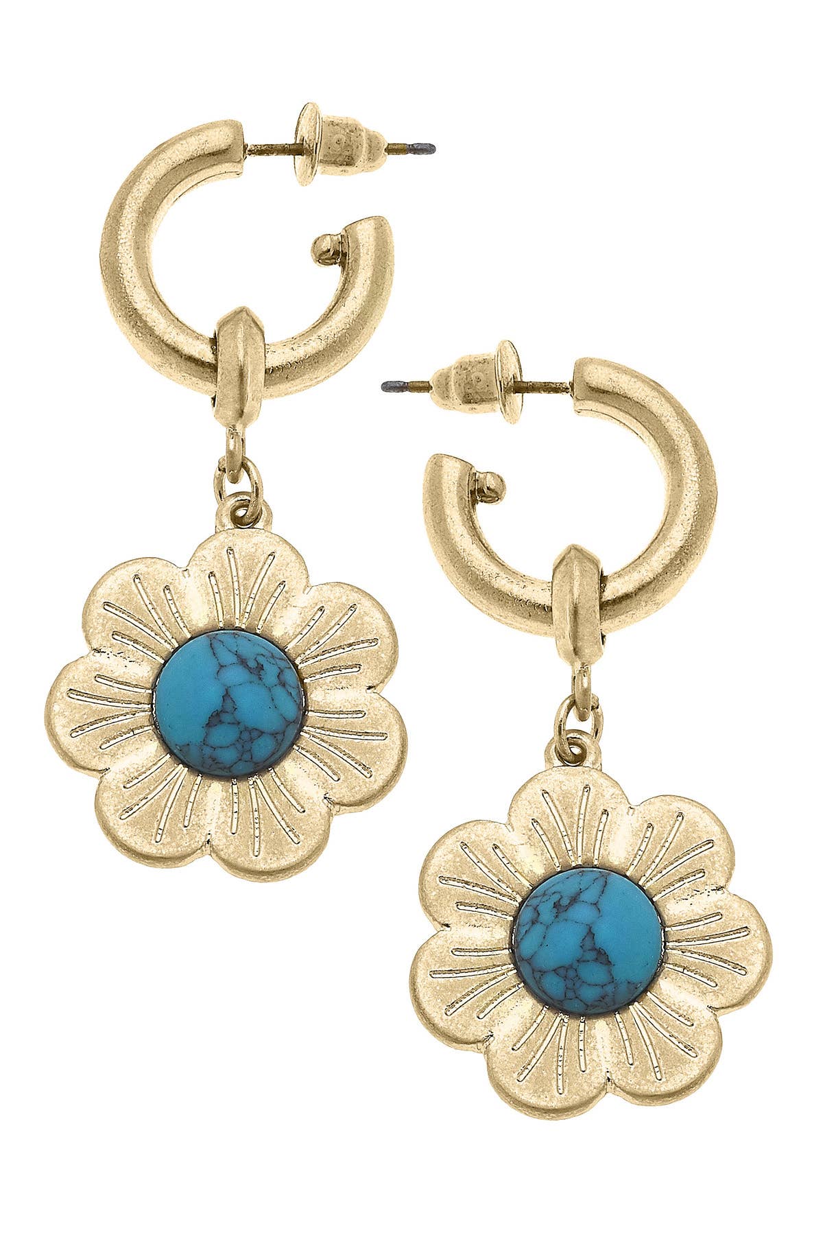Canvas Style Bullseye Flower Drop Hoop Earrings in Worn Gold & Turquoise
