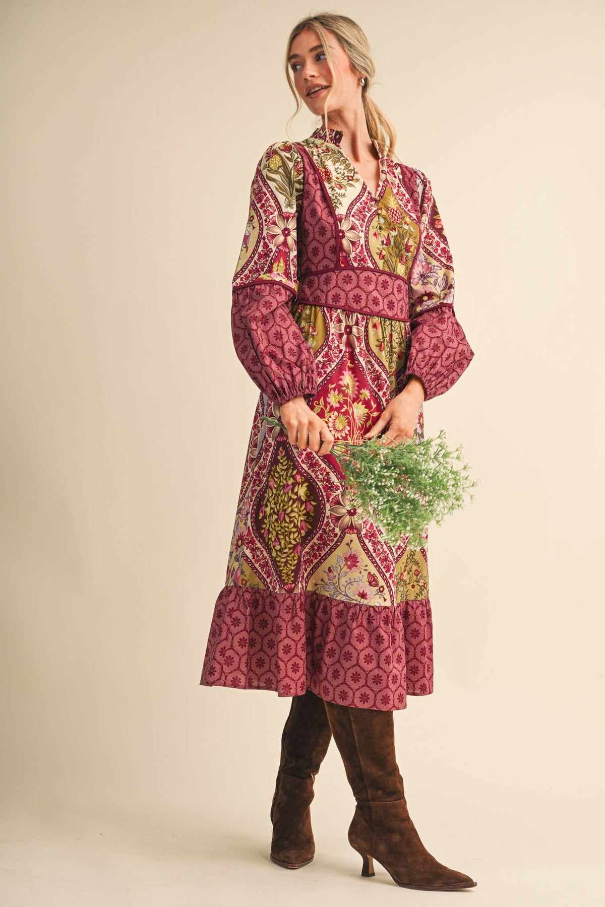 Mixed Floral Print Midi Dress