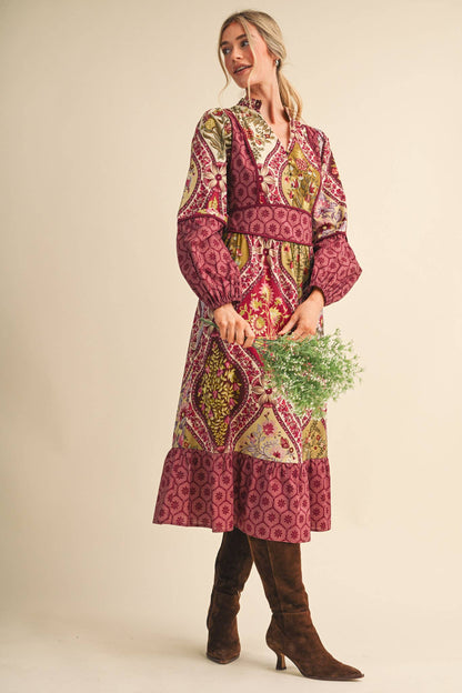 Mixed Floral Print Midi Dress