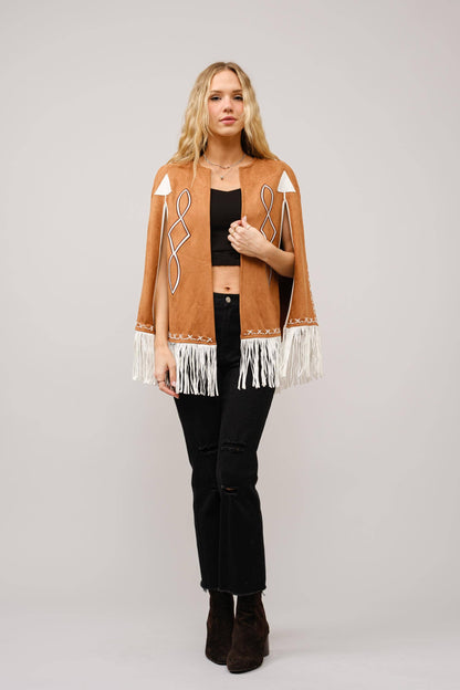 Fringe Detail Open Cape Jacket