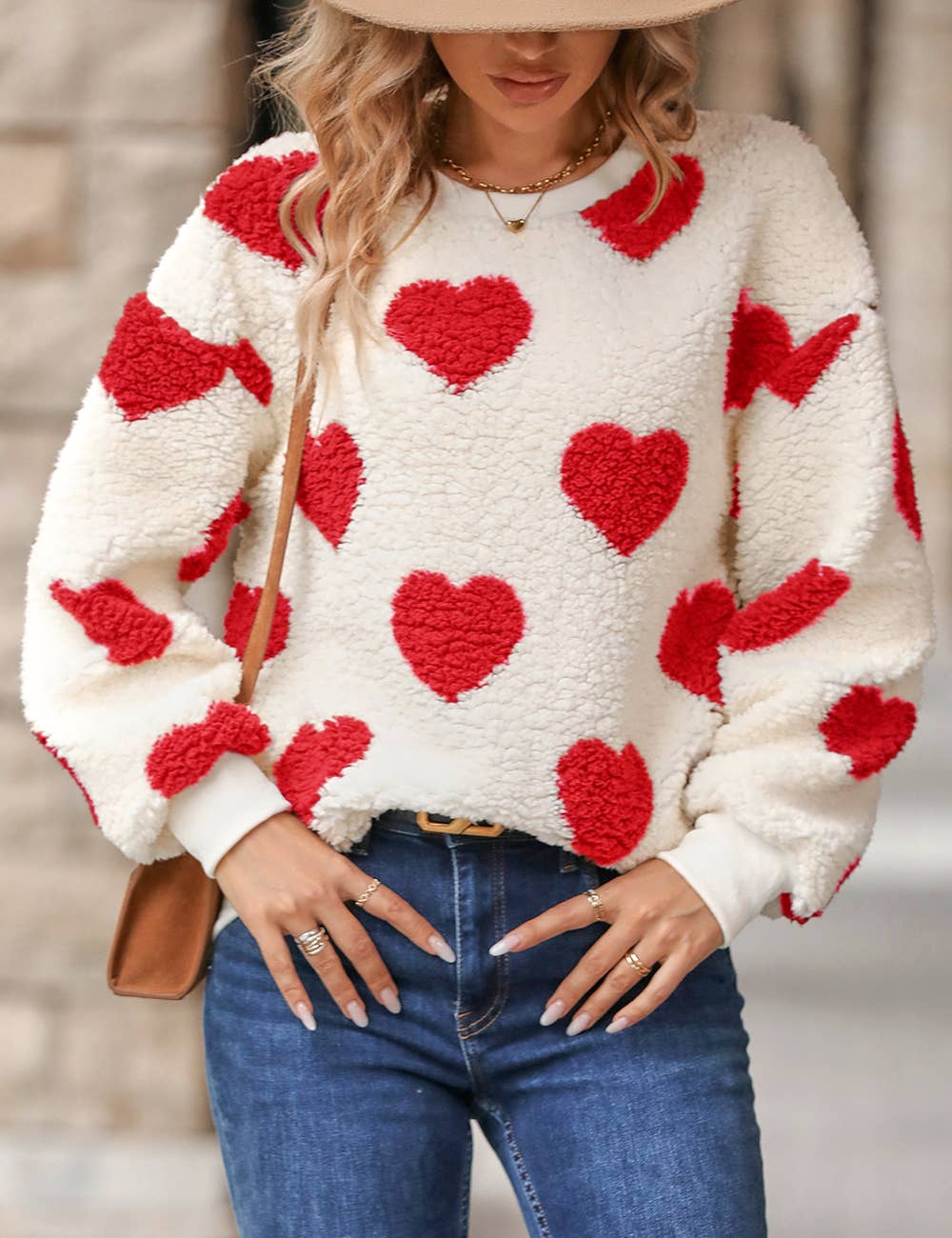 Heart Print Sherpa Teddy Sweatshirt