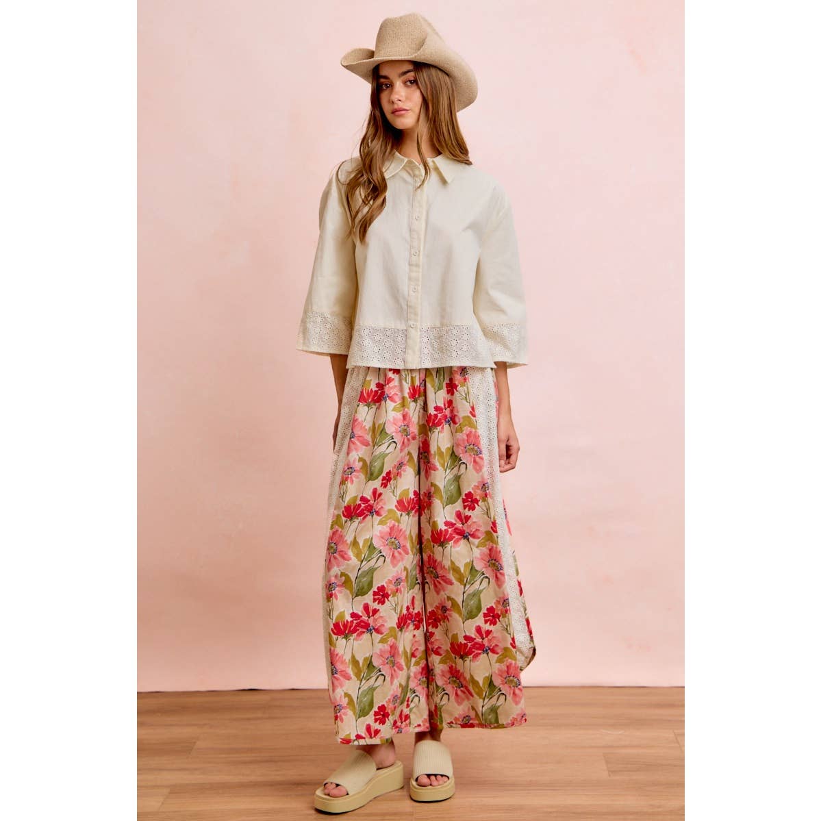 Floral Eyelet Side Elastic Waist Wide Leg Pants