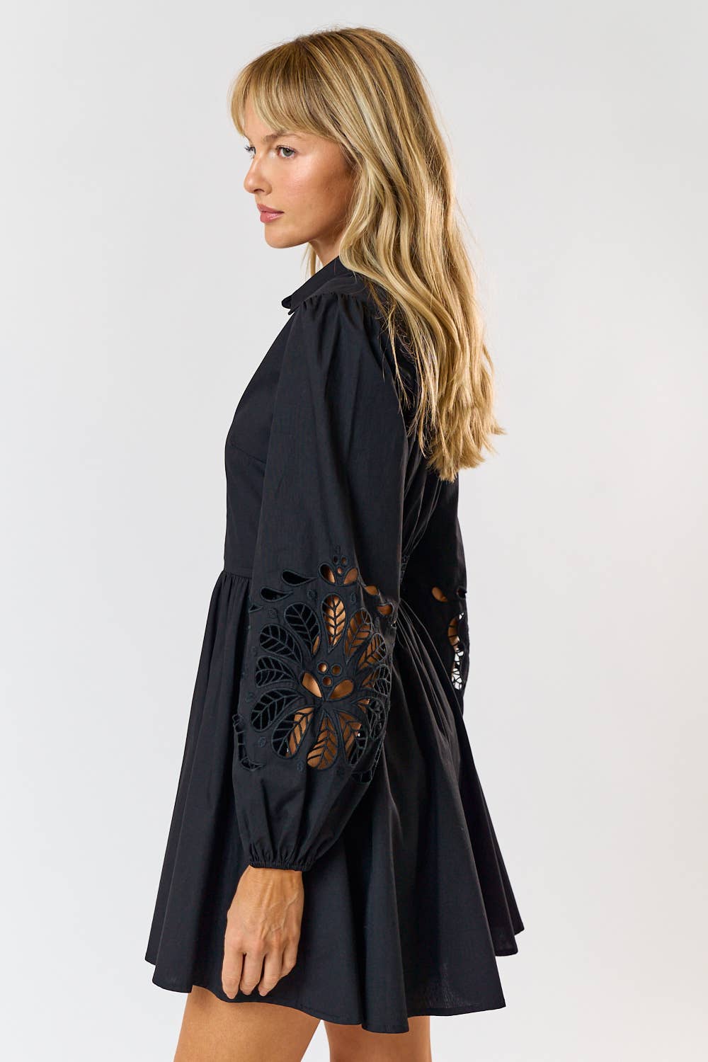 Embroidered Floral Button Up Flared Mini Dress