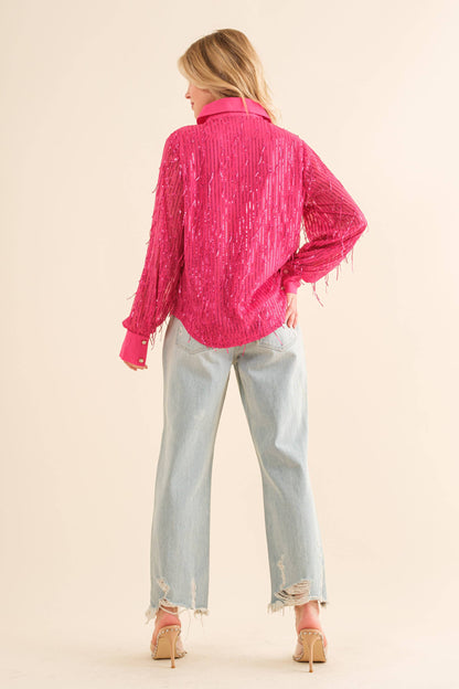 Sequin Stripe Fringe Button Up Shirt Blouse