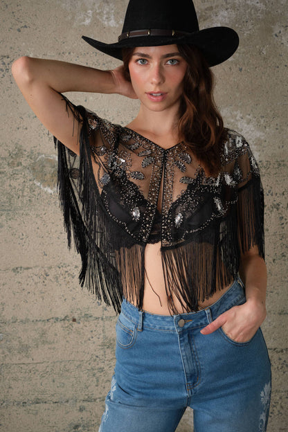 Blue B Sequin Beaded Fringe Mesh Cape