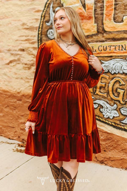 LUCKY & BLESSED Rust Velvet Vintage Studded Dress