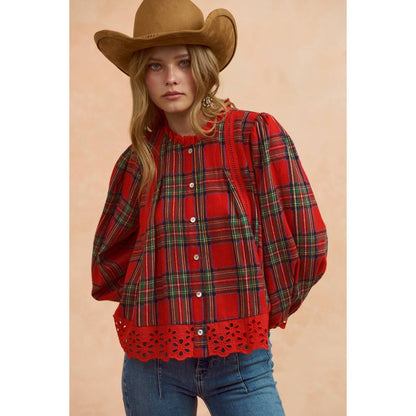 Christmas Plaid Button Down Blouse