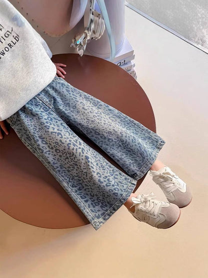 Girl's Blue Leopard Print Denim Wide-Leg Pants