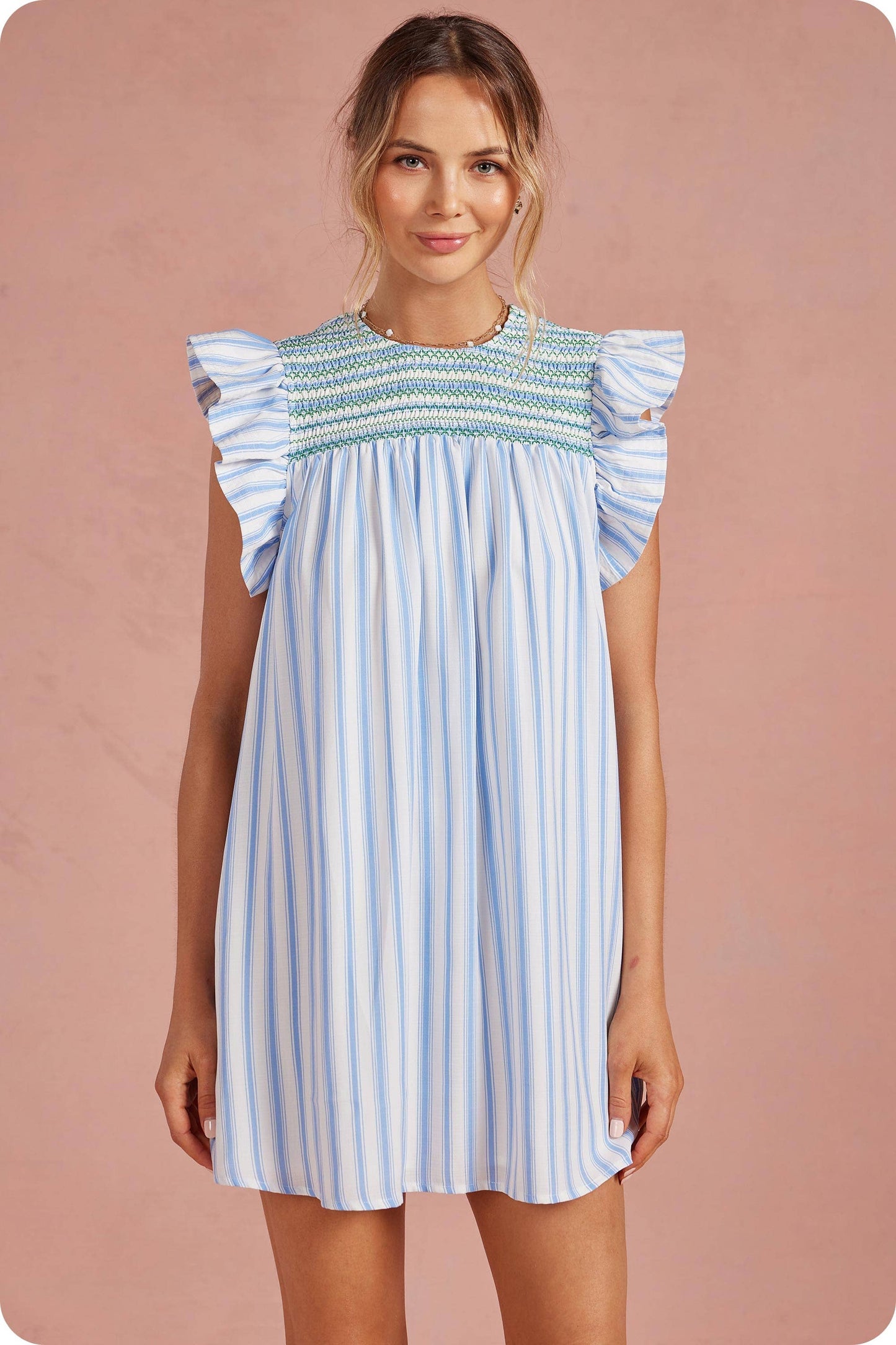 Stripe Color Smocking Detail Mini Dress