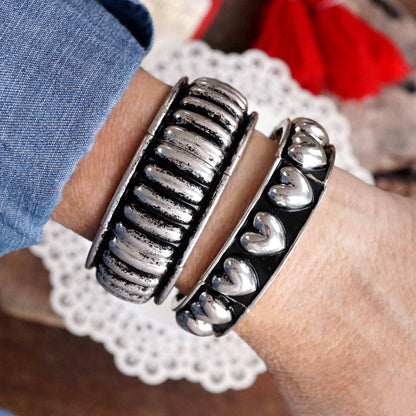 PennyLine Inc. Western Stretchy Bangles – Hearts or Stripes in Worn Silver Tone