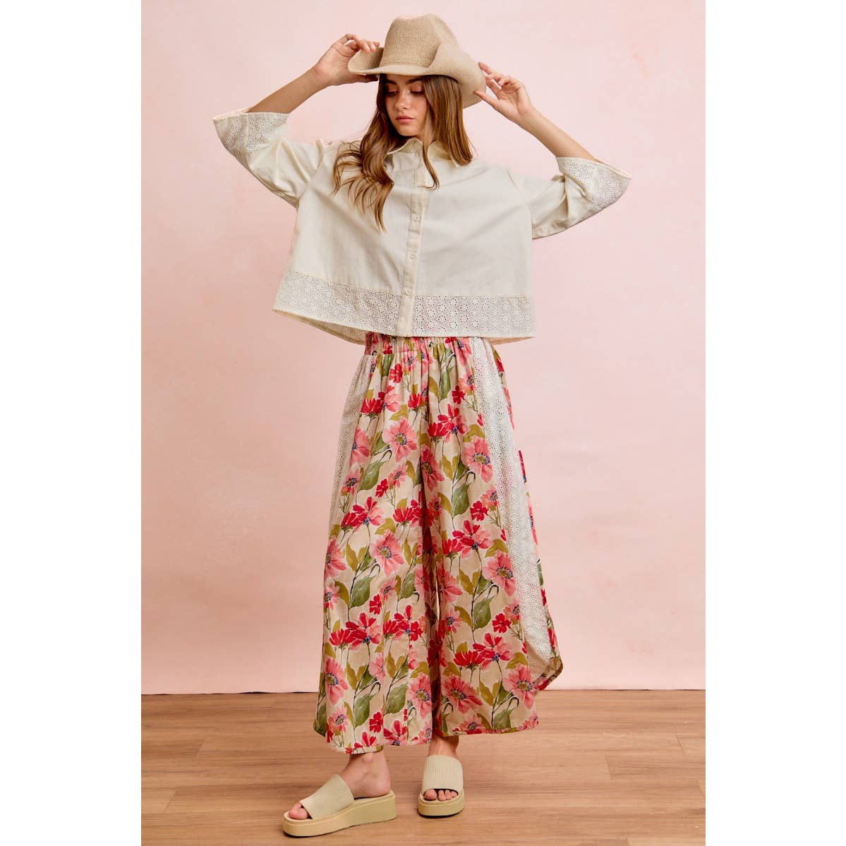Floral Eyelet Side Elastic Waist Wide Leg Pants