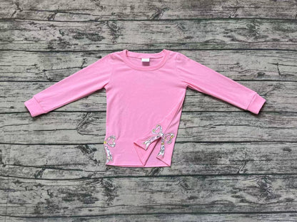 Girls Pink Long Sleeve Bows Side Embroidery Tee