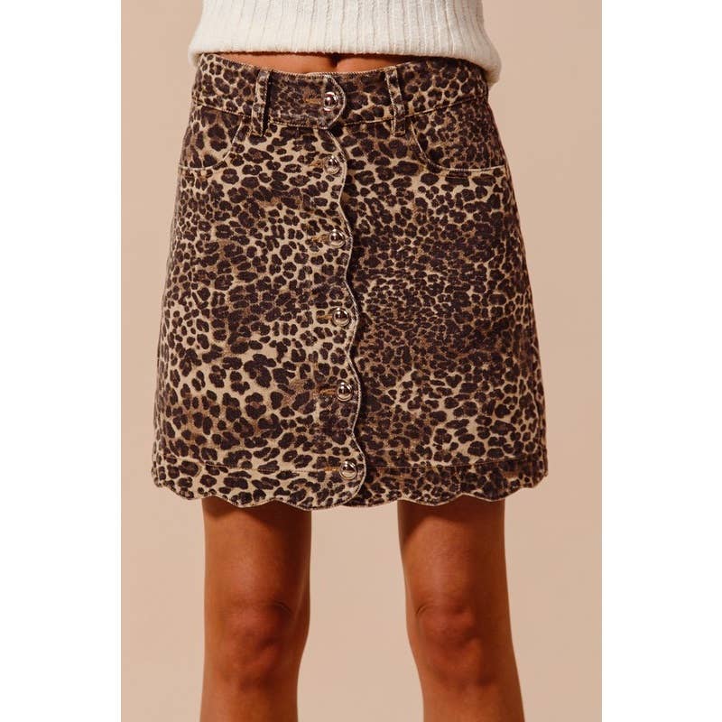 LEOPARD SCALLOP BUTTONED FRONT SKIRT