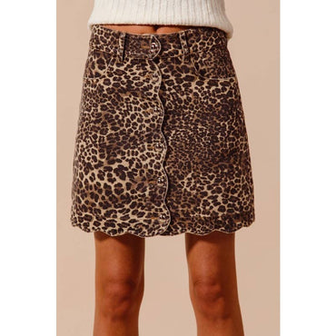 LEOPARD SCALLOP BUTTONED FRONT SKIRT