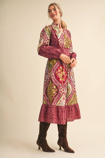 Mixed Floral Print Midi Dress