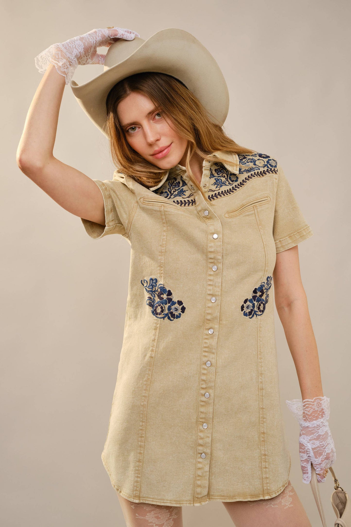Western Yoke Floral Embroidered Mini Dress
