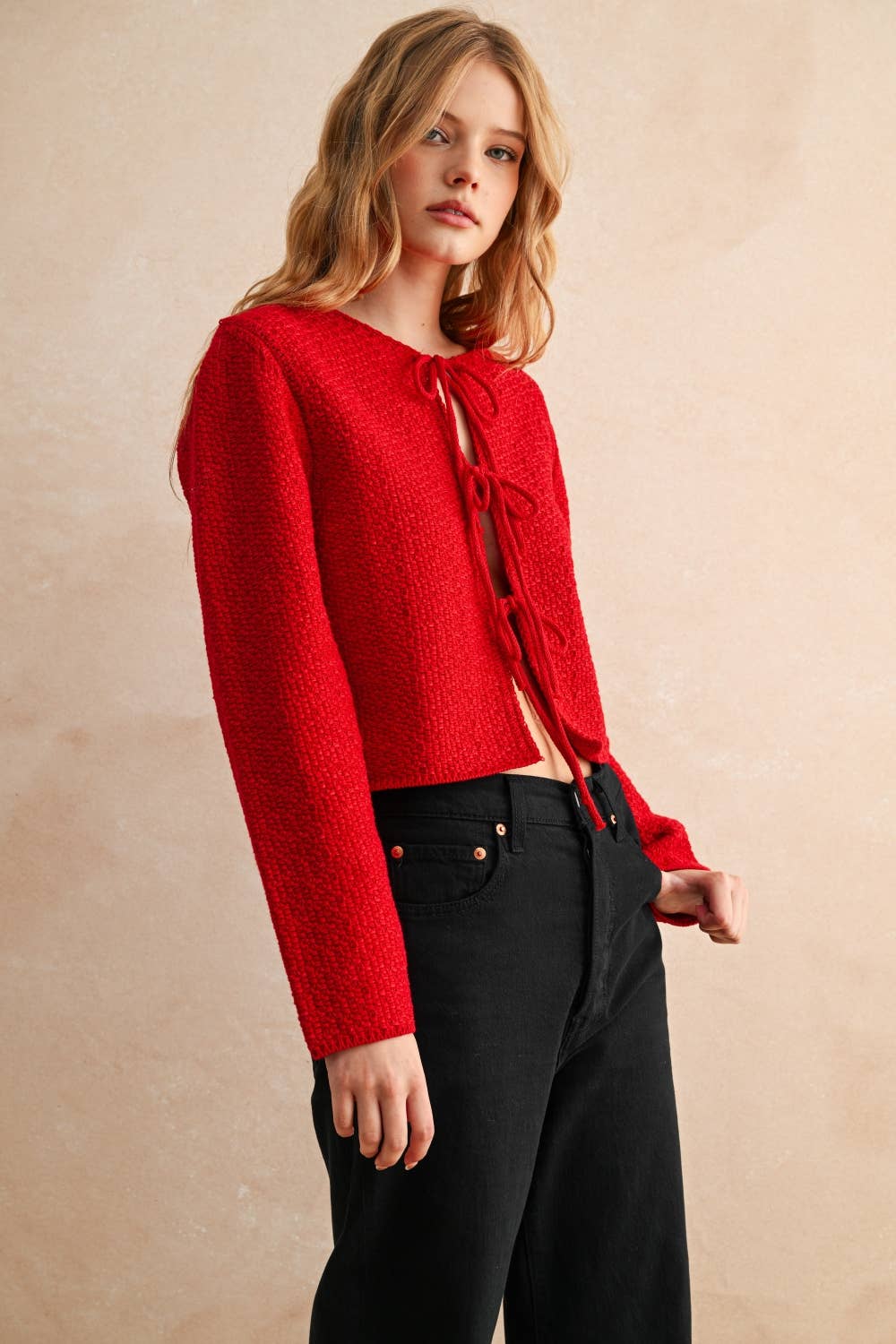 Red Tie Front Long Sleeve Cardigan