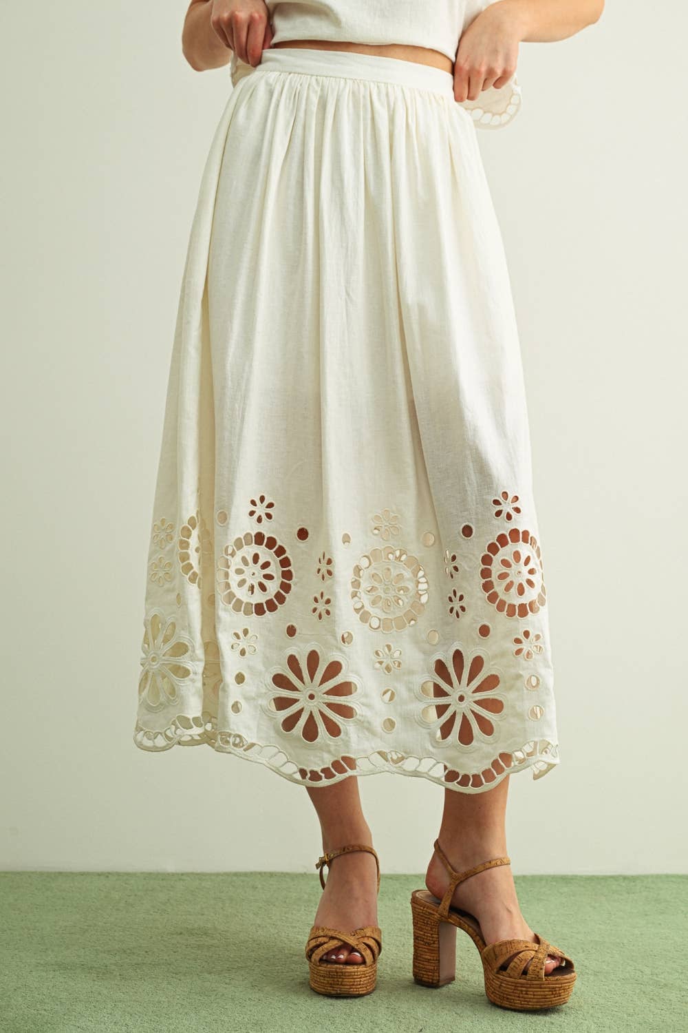 Floral Embroidered Boat Neck Top & Skirt Set
