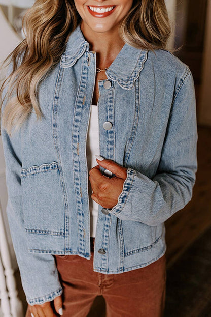Scallop Collar Pocket Button Up Denim Jacket