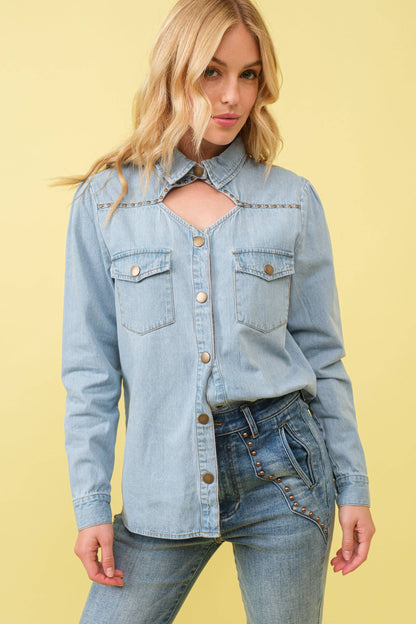 Chambray Cut Out Studded Collard Shirt Blouse